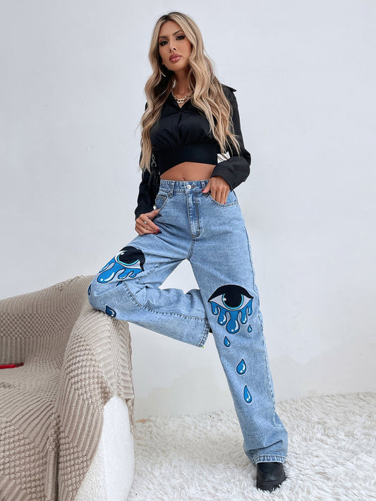 DressBetty - Babes Personality Print Straight Jeans