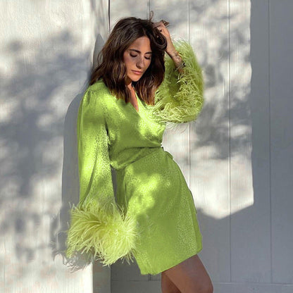 DressBetty - Lace-up Fur Sleeves V-neck Dress
