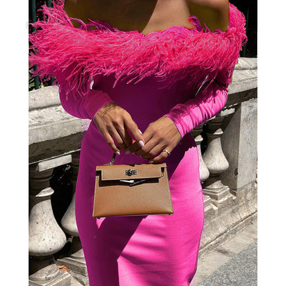 DressBetty - Fur Collar Off Shoulder Dress