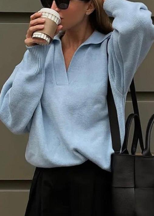 Blue CollaRed Pullover - Casual Sophistication