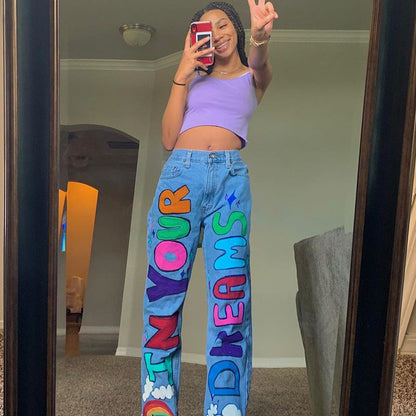 DressBetty - High Waist Print Graffiti Jeans
