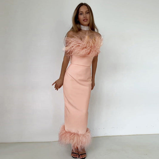 DressBetty - Fur Collar Off Shoulder Dress