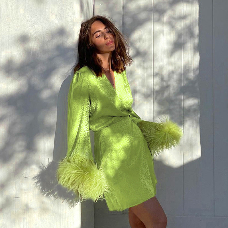 DressBetty - Lace-up Fur Sleeves V-neck Dress