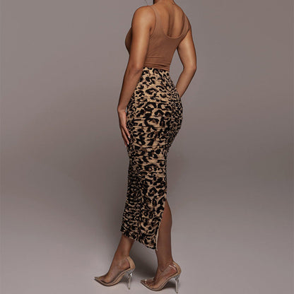 DressBetty - Pleated Split Leopard Print Skirt