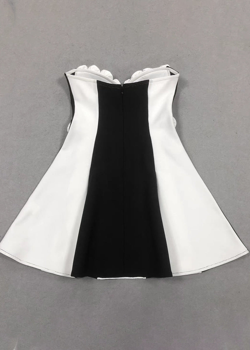 Monet Strapless Rosette Mini Dress – Black & White Sculpted Fit-and-Flare
