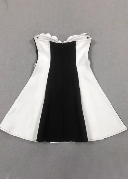 Monet Strapless Rosette Mini Dress – Black & White Sculpted Fit-and-Flare
