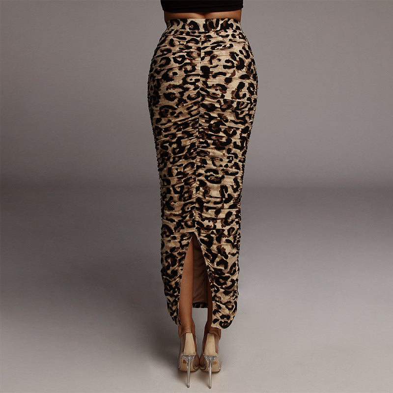 DressBetty - Pleated Split Leopard Print Skirt