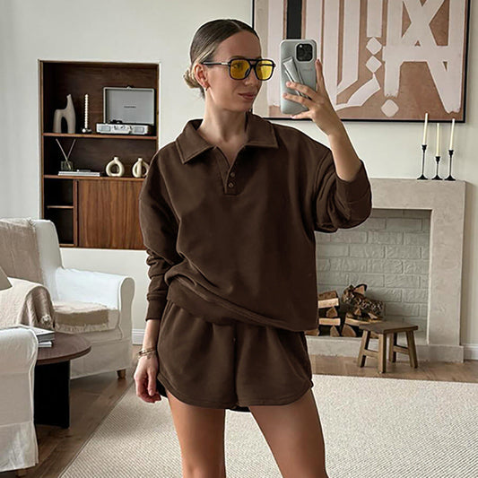 Vintage Chic Brown Relaxed Comfortable Stylish Casual Short-Sleeve Fall Suit