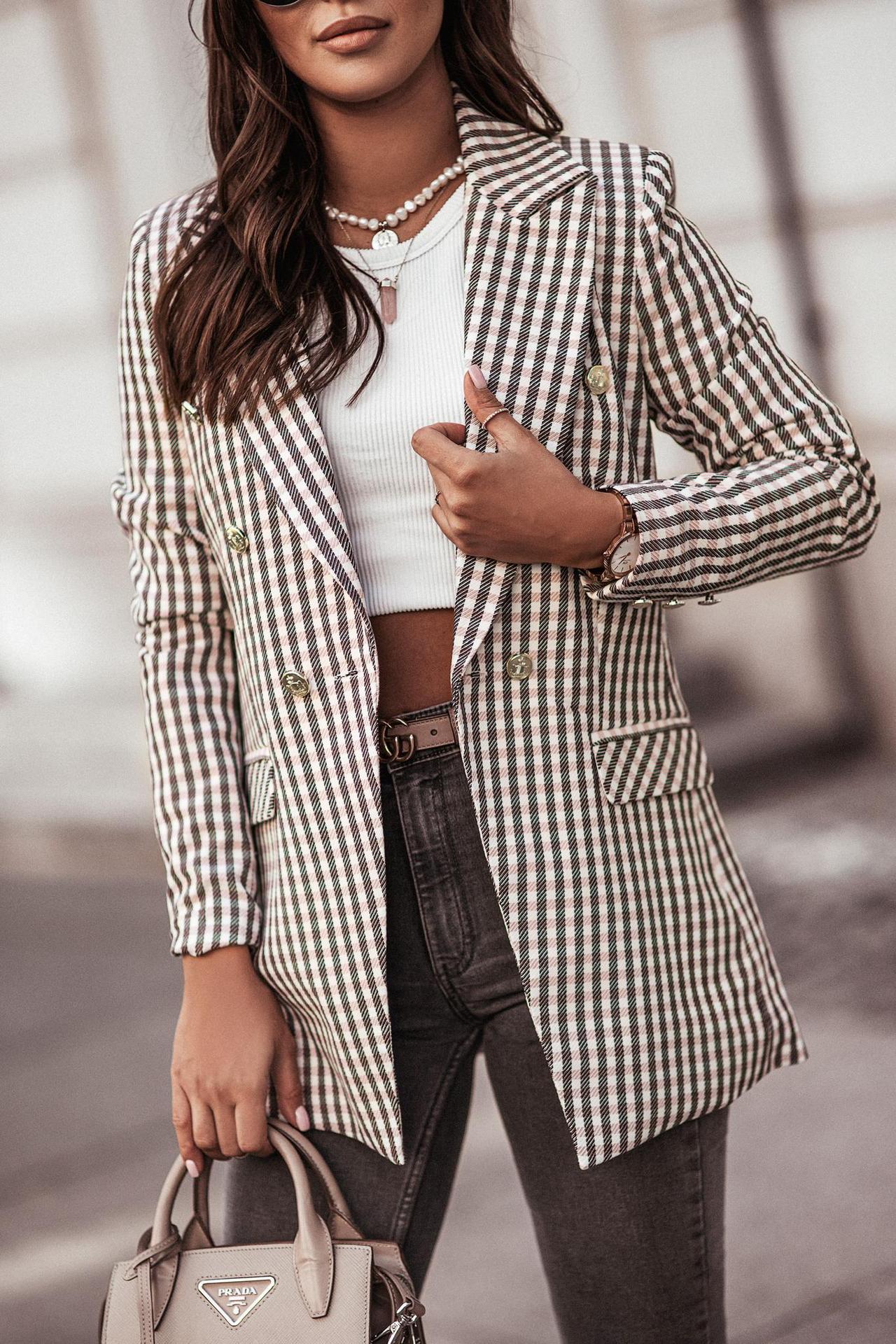 DressBetty - Double Breasted Plaid Blazer