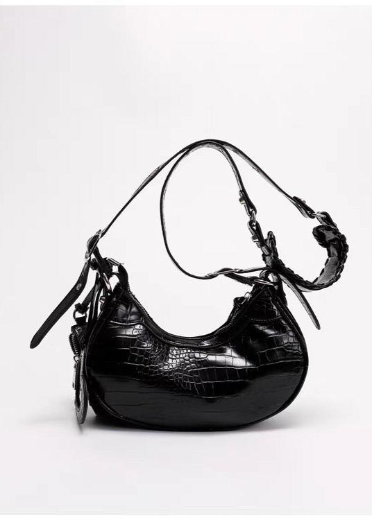 Croc-Embossed Multi-Strap Crescent Bag