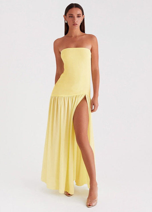 Solar Mirage – Strapless Yellow Maxi Dress with Side Slit
