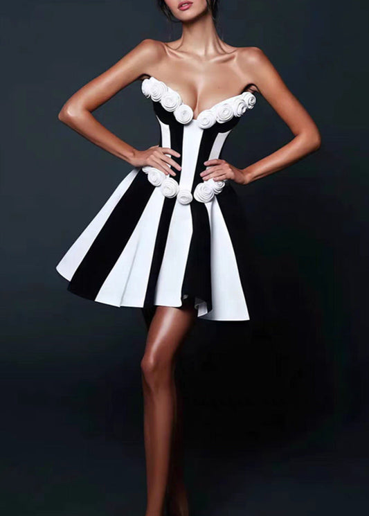 Monet Strapless Rosette Mini Dress – Black & White Sculpted Fit-and-Flare
