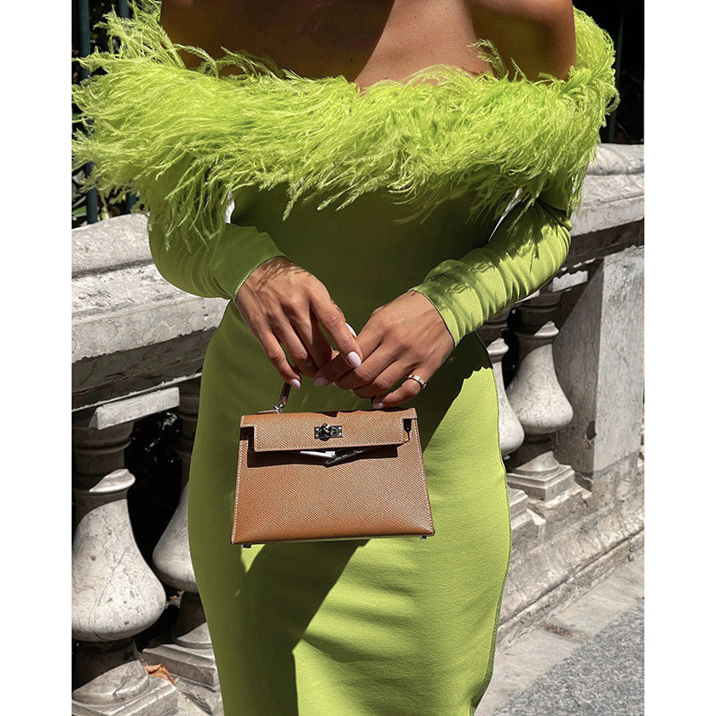 DressBetty - Fur Collar Off Shoulder Dress