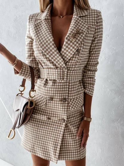 DressBetty - Plaid Belt Double Breasted Blazer Dress