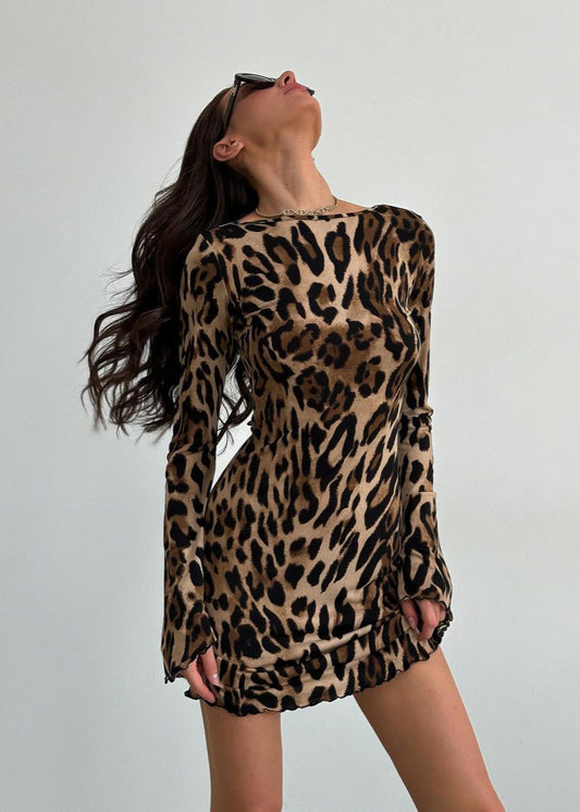 Wild Instincts Mini Dress – Leopard Print with Open Back