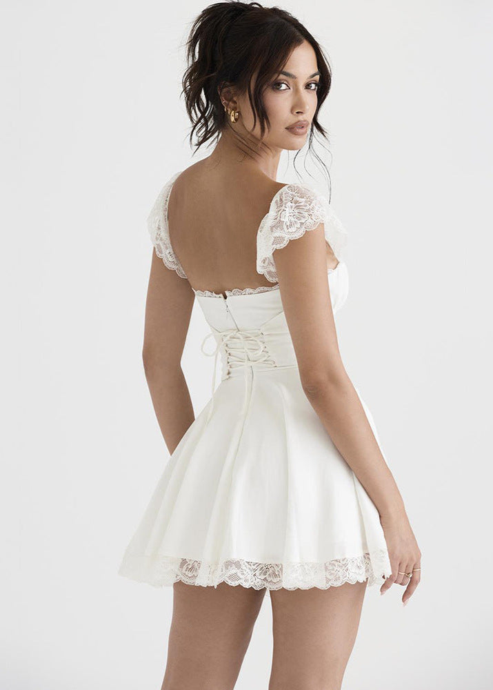 Éloïse Dress – White Lace Mini with Corset Back