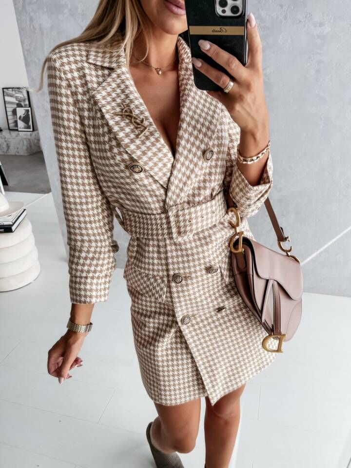 DressBetty - Plaid Belt Double Breasted Blazer Dress