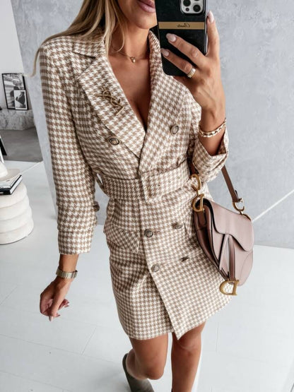 DressBetty - Plaid Belt Double Breasted Blazer Dress