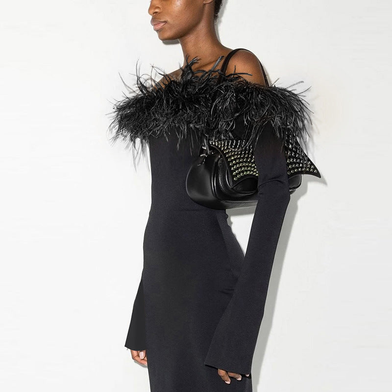 DressBetty - Fur Collar Off Shoulder Dress