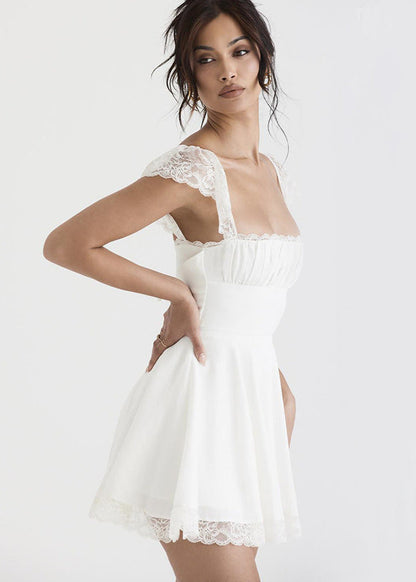 Éloïse Dress – White Lace Mini with Corset Back