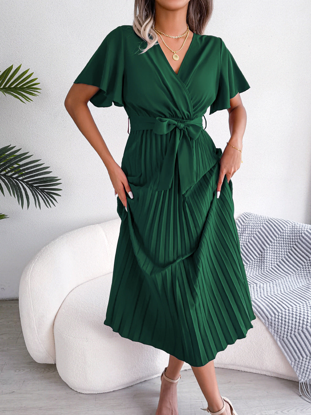 DressBetty - Cross V-Neck Pleated Dress