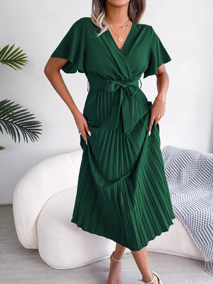DressBetty - Cross V-Neck Pleated Dress