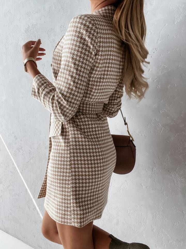 DressBetty - Plaid Belt Double Breasted Blazer Dress