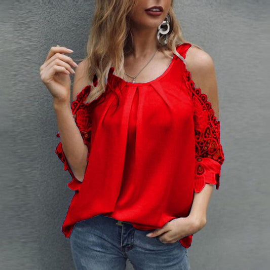 DressBetty - Off Shoulder Lace Blouse Women Summer Tops White Black Blouses O-Neck Solid Loose 5XL Clothes