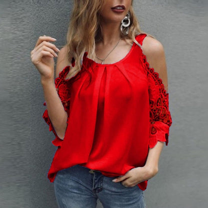 DressBetty - Off Shoulder Lace Blouse Women Summer Tops White Black Blouses O-Neck Solid Loose 5XL Clothes