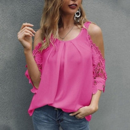 DressBetty - Off Shoulder Lace Blouse Women Summer Tops White Black Blouses O-Neck Solid Loose 5XL Clothes