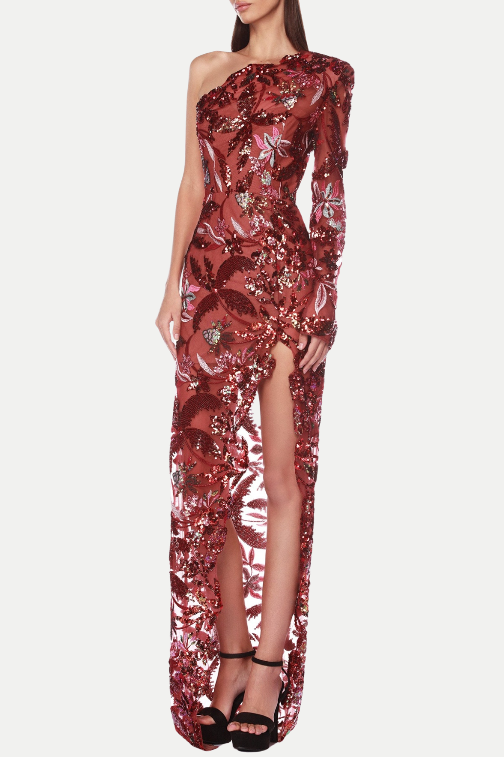 Opal Floral Sequin Embroidered One Shoulder Midi Dress - Red