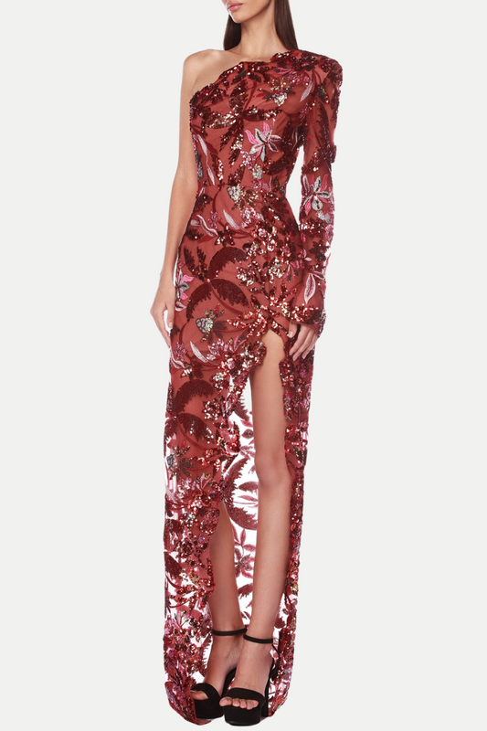 Opal Floral Sequin Embroidered One Shoulder Midi Dress - Red