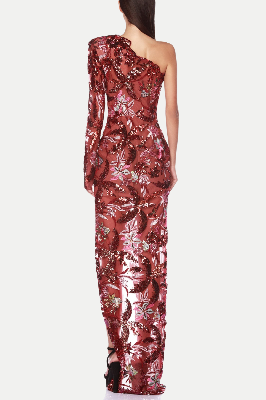Opal Floral Sequin Embroidered One Shoulder Midi Dress - Red