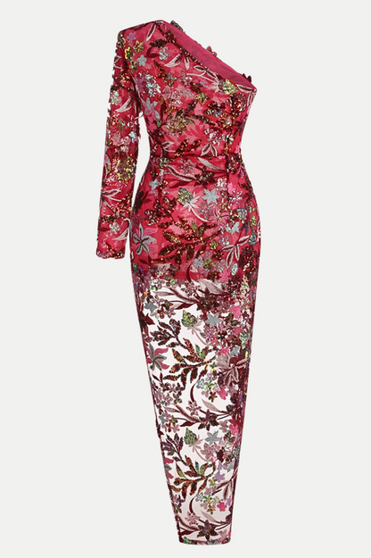 Opal Floral Sequin Embroidered One Shoulder Midi Dress - Red