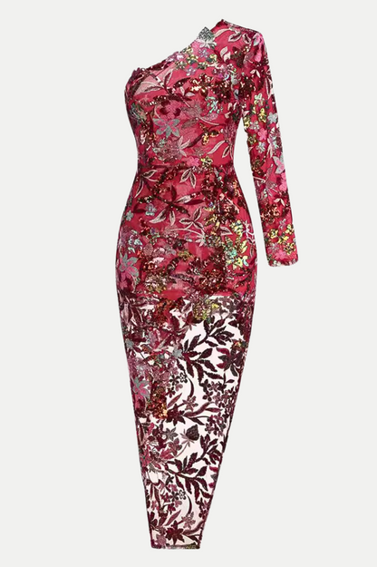 Opal Floral Sequin Embroidered One Shoulder Midi Dress - Red