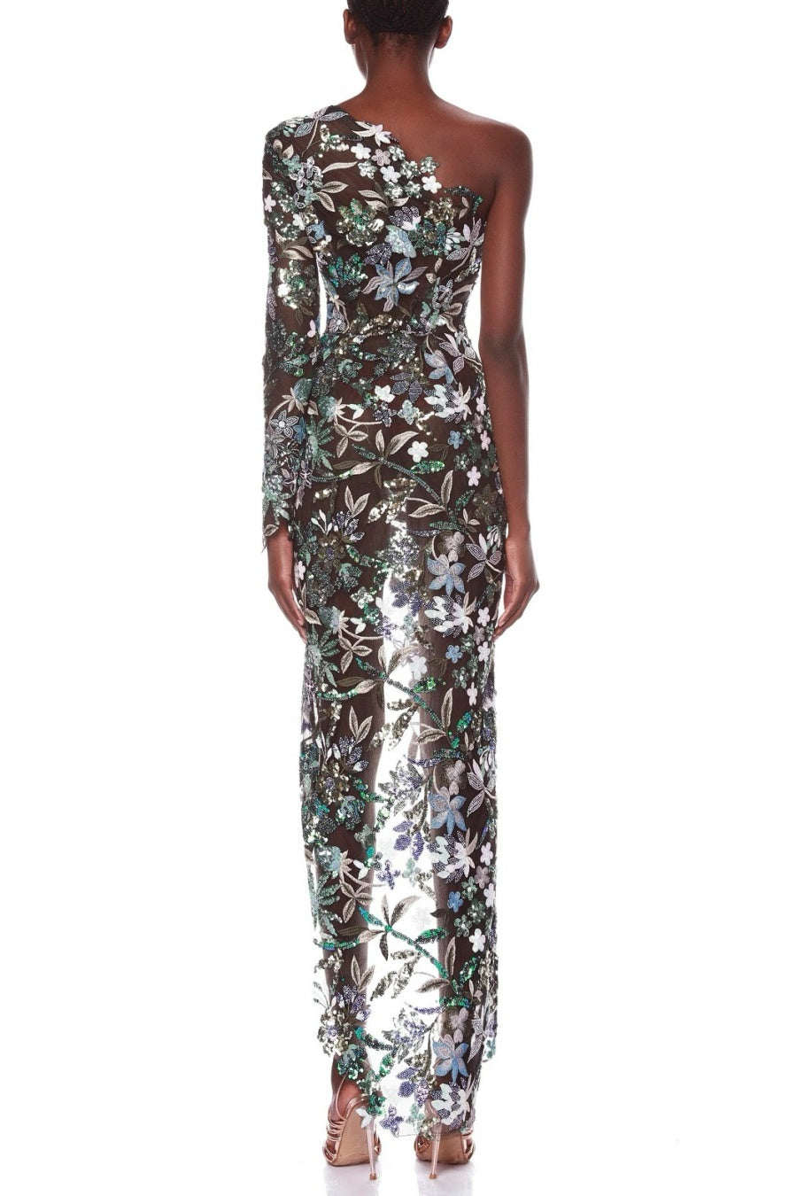 Opal Floral Sequin Embroidered One Shoulder Midi Dress - Green