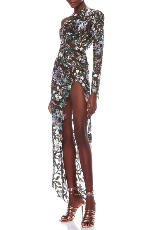 Opal Floral Sequin Embroidered One Shoulder Midi Dress - Green
