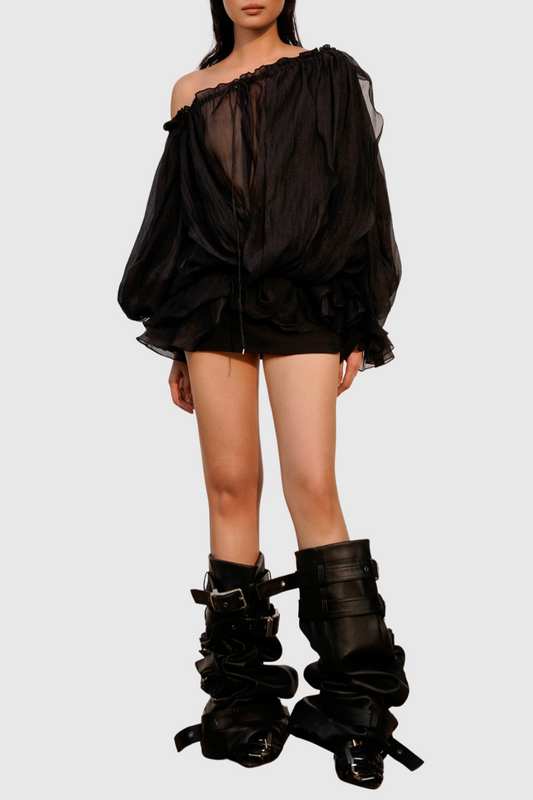 Pineda Off Shoulder Ruched Ruffle Blouse - Black