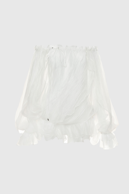 Pineda Off Shoulder Ruched Ruffle Blouse - White