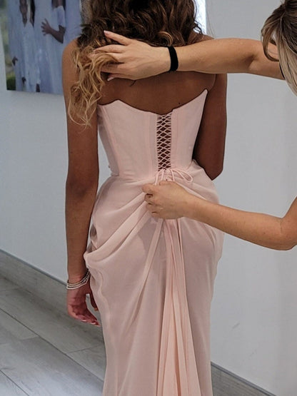 Pink Embellished Corset Draped Mesh Maxi Dress