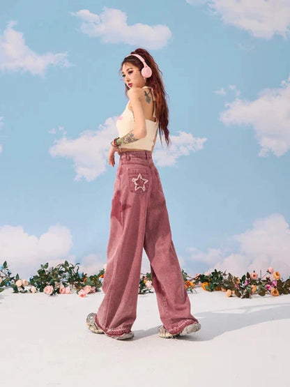Pink Star Wide Leg Jeans