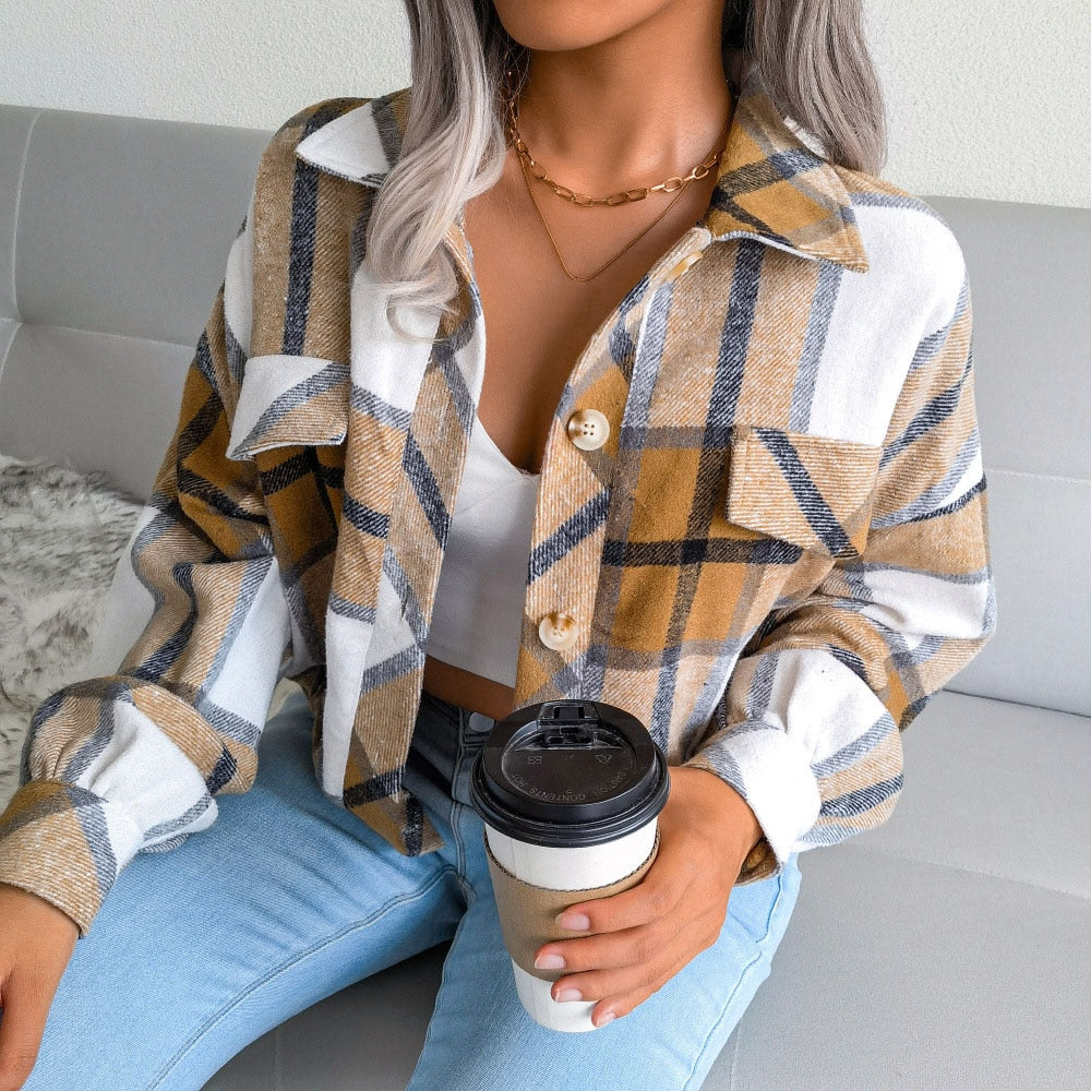 DressBetty - Plaid Vintage Pockets Oversized Jacket