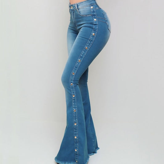 DressBetty - Blue Washed Flare Denim Mom Jeans Skinny Side Stripe High Waisted Sequined Pant