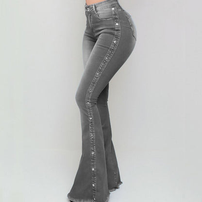DressBetty - Blue Washed Flare Denim Mom Jeans Skinny Side Stripe High Waisted Sequined Pant