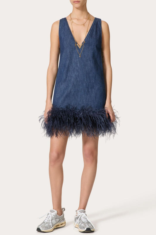 Poppa Feather Trim Denim Mini Dress