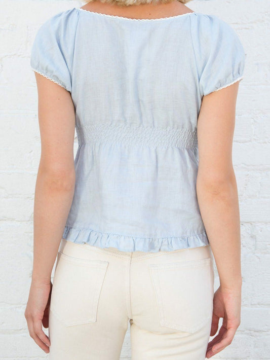 Puff Sleeve Pleated Hem Cotton Top