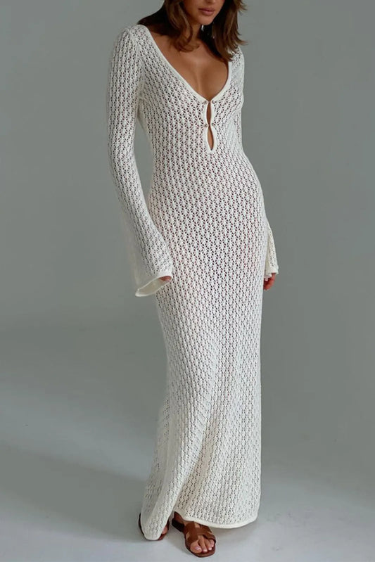 Qearl White Long Sleeve Open Back Maxi Dress