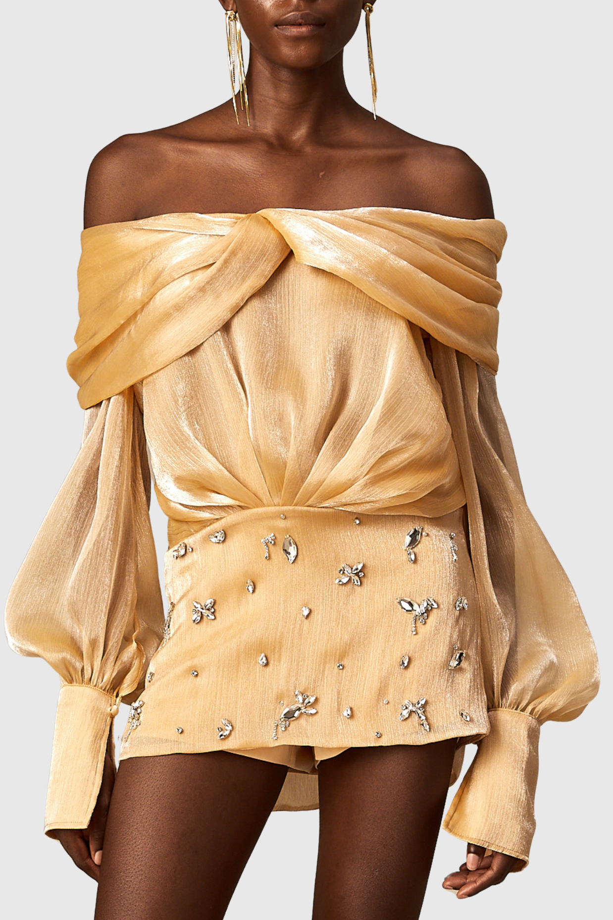 Rahar Gold Off Shoulder Rhinestone Embellished Mini Dress