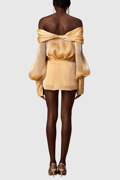 Rahar Gold Off Shoulder Rhinestone Embellished Mini Dress