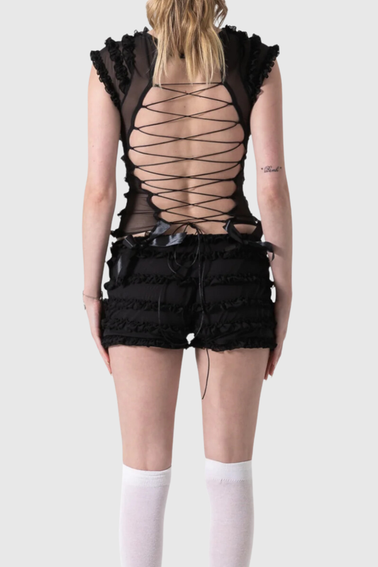 Raven Ruffle Backless Lace Up Set - Black